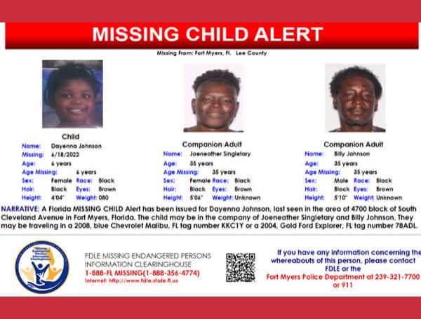 A Florida MISSING CHILD Alert has been issued for Dayenna Johnson, a black female, 6 years old, 4 feet 4 inches tall, 80 pounds, black hair, and brown eyes, last seen in the area of 4700 block of South Cleveland Avenue in Fort Myers, Florida. 