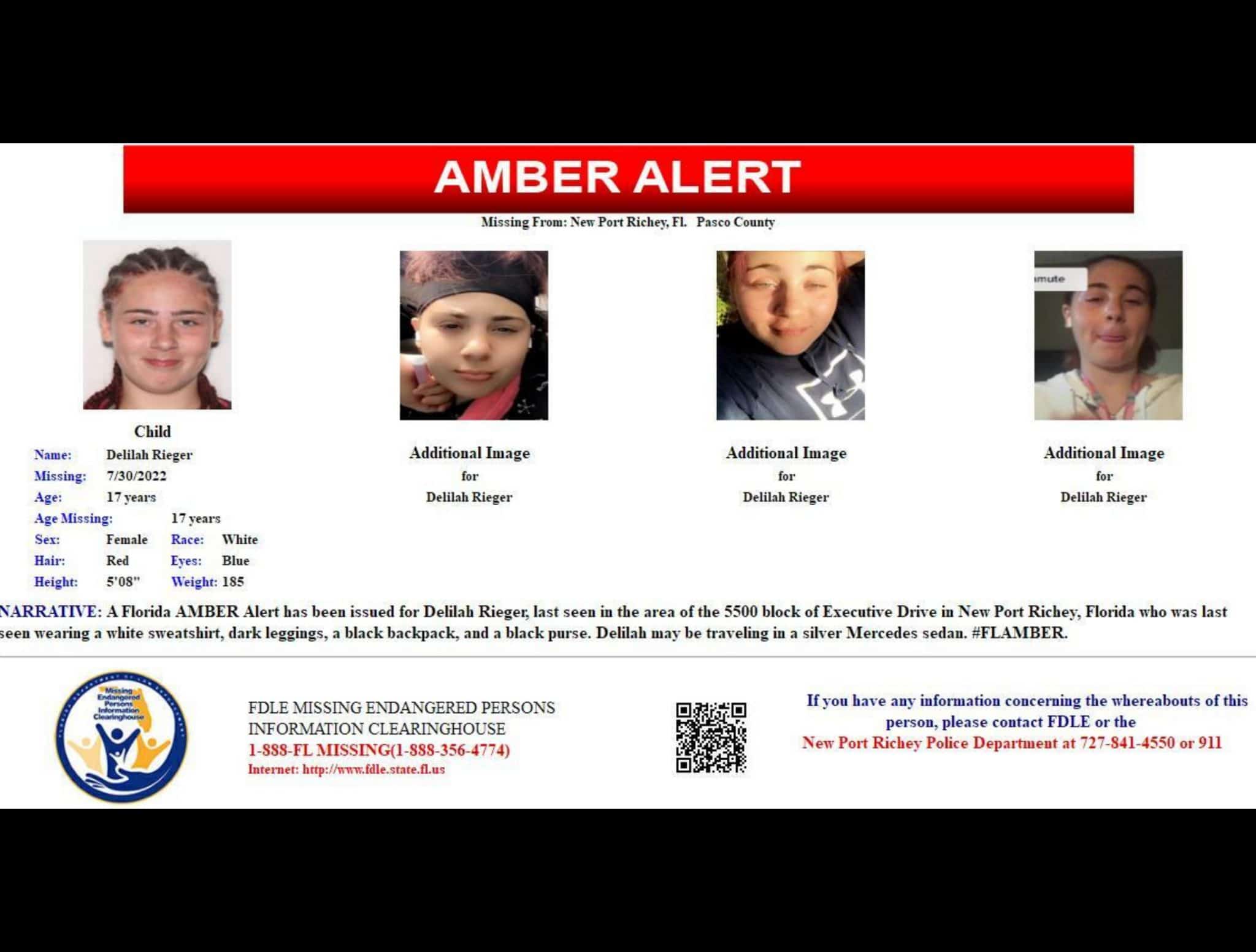 Florida Amber Alert For 17YearOld Delilah Rieger Canceled, Child Found Safe
