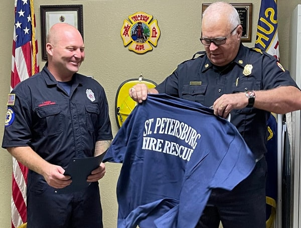 St. Petersburg Fire Rescue recognized Treasure Island Fire Rescue Firefighter-Paramedic Troy Turner for his quick actions in providing medical treatment to a choking 9-month-old child at St. Pete Pier.