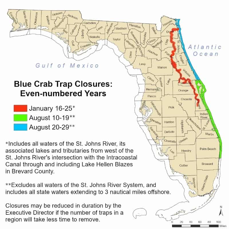 The Florida Fish and Wildlife Conservation Commission (FWC) has waived the blue crab trap closure previously scheduled for Aug. 20-29, for all waters from Nassau through Volusia counties. 