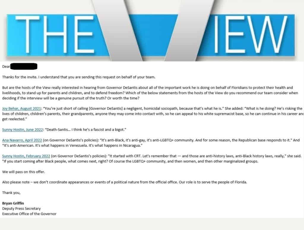 Florida Republican Governor Ron DeSantis rejected an offer this week from ABC’s “The View” to appear on the left-wing show.