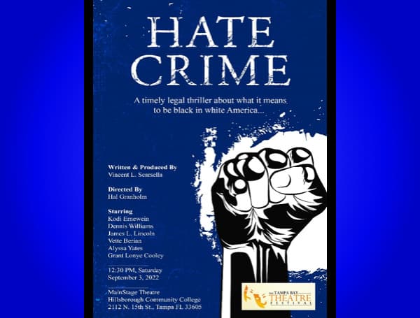 Vince Scarsella’s hard-edged, timely play about race relations in the context of a legal thriller will be performed at 12:30 PM, Saturday, September 3rd at the Mainstage Theatre of the Hillsborough Community College’s Performing Arts Center in Ybor City, as part of the annual Tampa Bay Theatre Festival. 