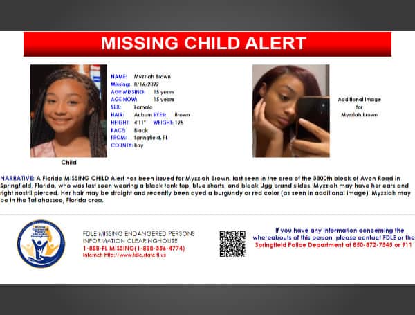 A Florida MISSING CHILD Alert has been issued for Myzziah Brown, a black female, 15 years old, 4 feet 11 inches tall, 125 pounds, with auburn hair and brown eyes, last seen in the area of the 3800th block of Avon Road in Springfield, Florida.