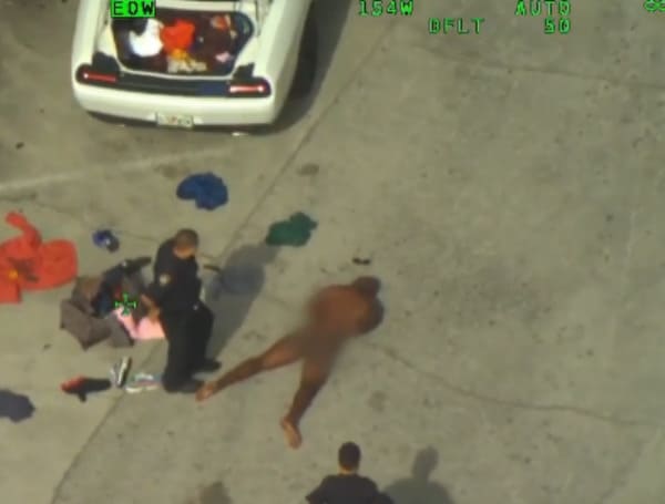 A naked Florida man who threw a machete at a surveyor and tried to rob him of his clothes was taken into custody at a gas station on Monday after approaching several passing vehicles.
