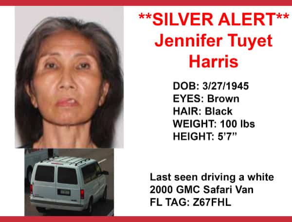 The Polk County Sheriff's Office is issuing a SILVER ALERT tonight for 77-year-old Jennifer Tuyet Harris of Orlando.
