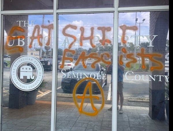 A Republican National Committee campaign office in Florida was vandalized Sunday with the words “Eat S*** Fascists.”