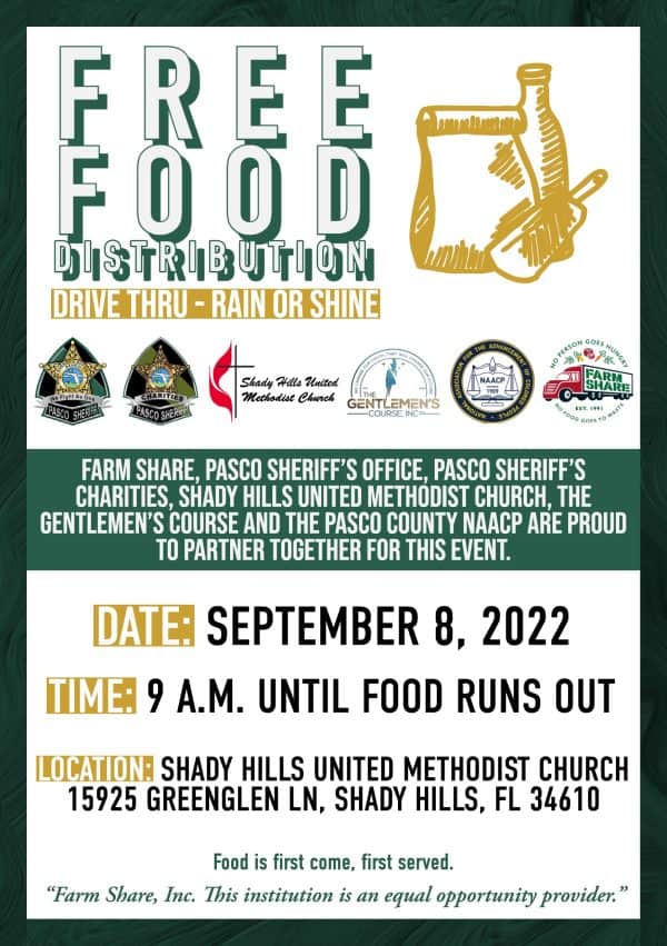 Pasco Sheriff's Office is teaming up with Farm Share, Shady Hills United Methodist Church, the Gentlemen’s Course, and the Pasco County NAACP for a free community food distribution! 