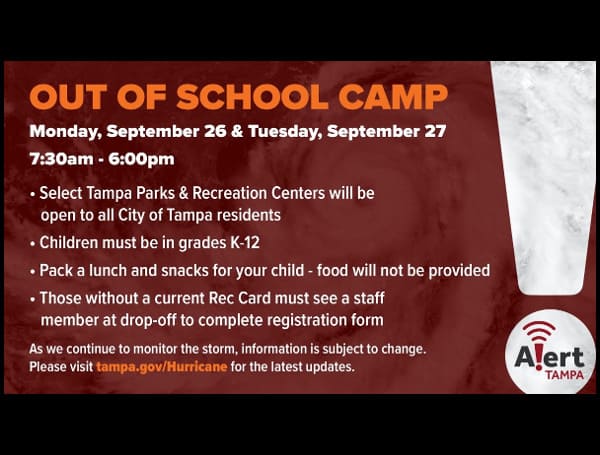The City of Tampa is opening 16 Tampa Parks & Recreation sites for Out of School Camp. This is at the direction of Mayor Jane Castor to assist families impacted by the closing of Hillsborough County Public Schools this week.