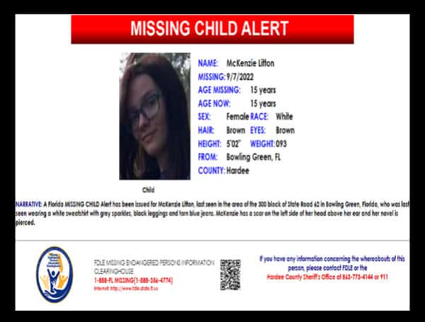 This is a cancellation of the Florida Missing Child Alert that was activated on Friday for McKenzie Litton. The child has been located safe.