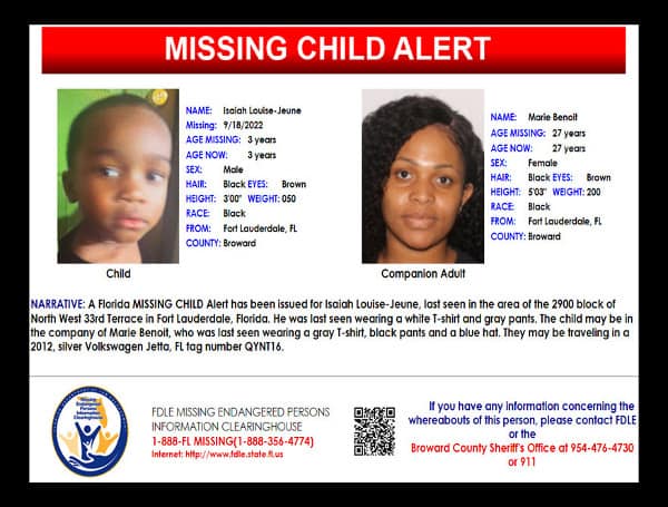 A Florida MISSING CHILD Alert has been issued for Isaiah Louise-Jeune, a black male, 3 years old, 3 feet tall, 50 pounds, with black hair and brown eyes.
