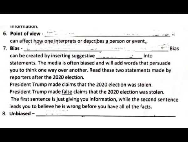 A Florida school district opened an investigation Thursday into a homework assignment that discusses former President Trump and media bias about the 2020 presidential election, according to WWSB News.