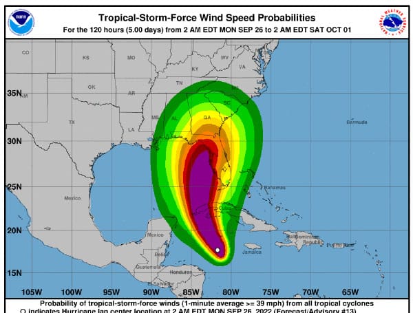 Ian strengthened into a hurricane on Monday morning and is forecast to rapidly intensify into a major hurricane as it nears Western Cuba Monday night, the National Hurricane Center said.