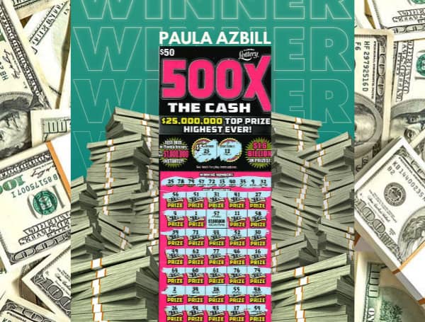 Tthe Florida Lottery announced that Paula Azbill, 63, of Lutz, claimed a $1 million prize from the 500X THE CASH Scratch-Off game at the Lottery’s Tampa District Office. 