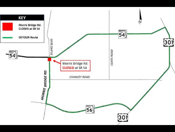 An around-the-clock detour of Morris Bridge Road is scheduled to begin after 12 a.m. on Saturday, September 17, 2022.