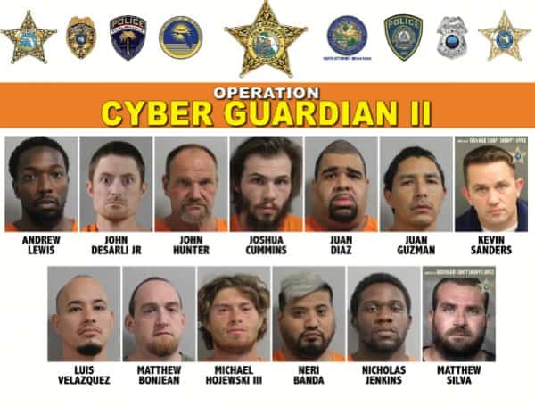 Polk County Sheriff's Office detectives arrested 13 men during a week long undercover operation “Operation Cyber Guardian II” during which detectives posed as children on social media platforms, mobile apps, and online dating sites to investigate those who prey upon and travel to meet children for unlawful sexual activity. PCSO was assisted in the effort by police departments from Auburndale, Bartow, Davenport, and Tampa, as well as the Hernando County Sheriff's Office, Orange