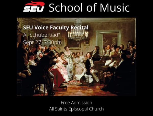 Southeastern University’s (SEU) School of Music will present a free faculty voice recital on Tuesday, September 27, at All Saints Episcopal Church. The recital will begin at 7:30 p.m. and feature the works of composer Franz Schubert. 