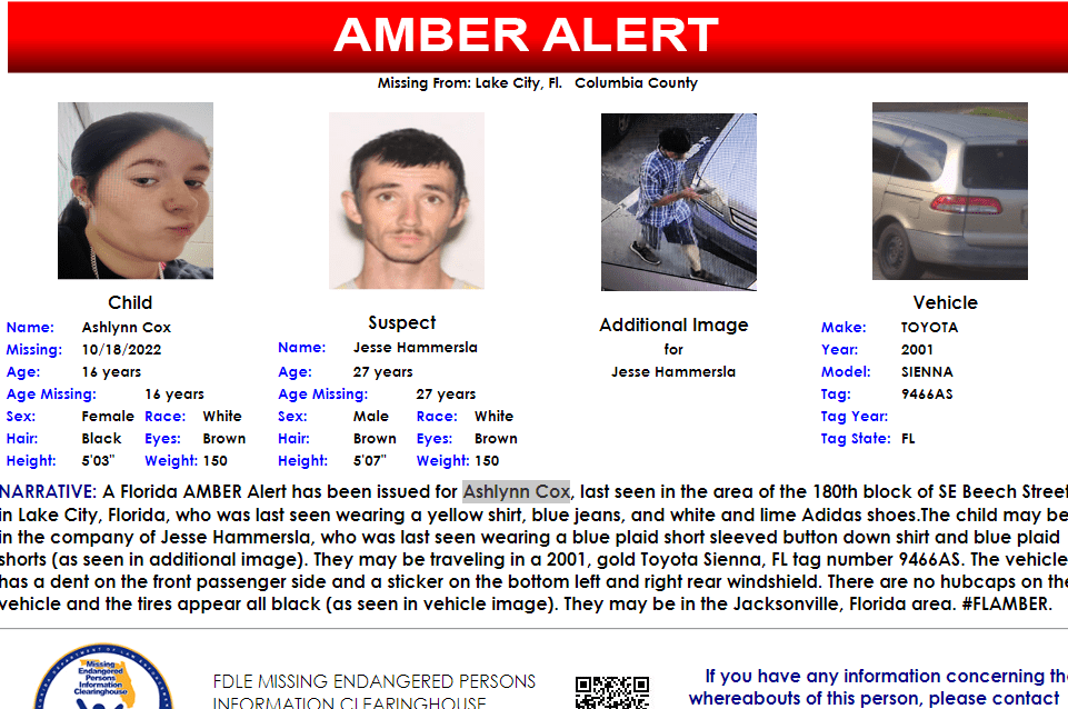 A Florida AMBER Alert has been issued for Ashlynn Cox, last seen in the area of the 180th block of SE Beech Street in Lake City, Florida, who was last seen wearing a yellow shirt, blue jeans, and white and lime Adidas shoes.The child may be in the company of Jesse Hammersla, who was last seen wearing a blue plaid short sleeved button down shirt and blue plaid shorts (as seen in additional image). They m