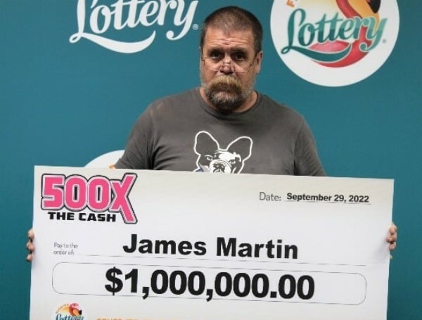 Today, the Florida Lottery announced that James Martin, 55, of Brooksville, claimed a $1 million prize from the 500X THE CASH Scratch-Off game at Lottery Headquarters.