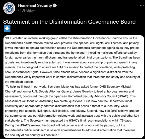 The Department of Homeland Security has left open a special feature that allows government officials to flag Facebook posts for misinformation after scrapping a controversial advisory board tasked with developing guidelines for social media censorship, the Intercept reported Monday.


