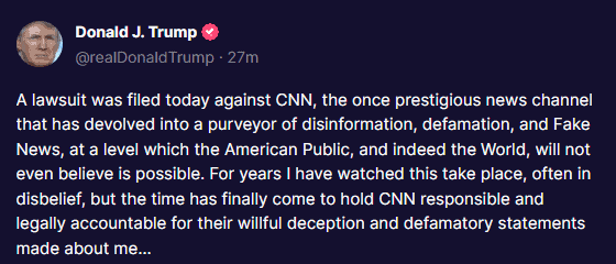 Seeking damages of $475,000,000, former President Donald Trump has sued CNN for defaming him.