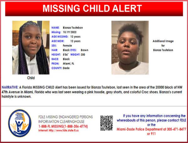 A Florida MISSING CHILD Alert has been issued for Bianza Toutebon, a black female, 12-years-old, 5 feet 6 inches tall, 200 pounds, with black hair and brown eyes.