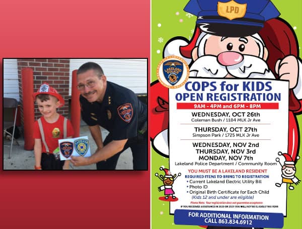 The Lakeland Police Department will be accepting applications for the 2022 Cops for Kids Toy Donation program for five select days beginning on October 26, 2022.