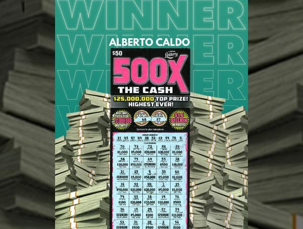 Today, the Florida Lottery (Lottery) announces that Alberto Caldo, 49, of Tarpon Springs, claimed a $1 million prize from the 500X THE CASH Scratch-Off game at Lottery Headquarters in Tallahassee. He chose to receive his winnings as a one-time, lump-sum payment of $820,000.00. Caldo purchased his winning ticket from Pop N Munch, located at 680 East Tarpon Avenue in Tarpon Springs. The retailer will receive a $2,000 bonus commission for selling the winning Scratch-Off ticket. The $50 game, 500X THE CASH, features a top prize of $25 million—the largest ever offered on a Florida Scratch-Off game—and the best odds to become an instant millionaire! The game's overall odds of winning are 1-in-4.50. Scratch-Off games are an important part of the Lottery's portfolio of games, comprising approximately 77 percent of ticket sales and generating more than $1.8 billion for the Educational Enhancement Trust Fund (EETF) in fiscal year 2021-22.