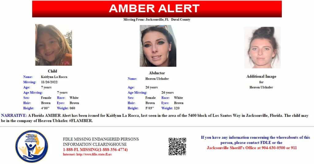 Kaitlyn La Rocca, 7, is believed to be in the custody of 26-year-old Heaven Ulshafer. Both individuals were last seen Saturday, November 26 around 4:30 p.m. near Los Santos Way.