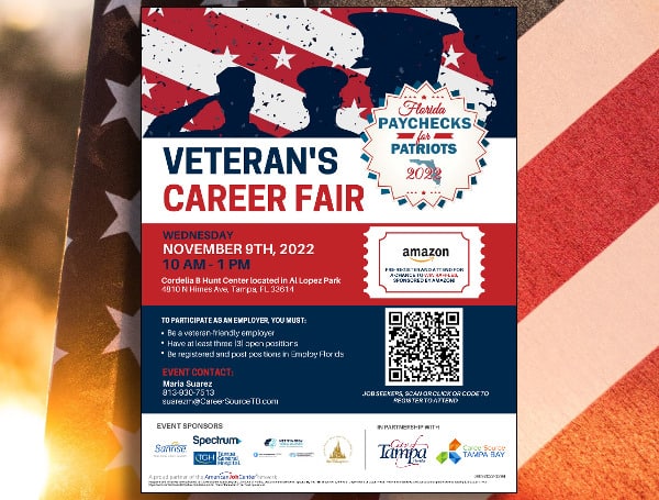 CareerSource Tampa Bay (CSTB) will host a job fair dedicated to employing Veterans on Wednesday, November 09, 2022, from 10:00 A.M. to 1:00 P.M. at the Cordelia B Hunt Center located in Al Lopez Park 4810 N Himes Ave, Tampa, FL 33614.