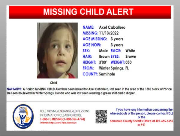 A Florida MISSING CHILD Alert has been issued for Axel Caballero, a white male, 3 years old, 3 feet tall, 50 pounds, with brown hair and brown eyes.