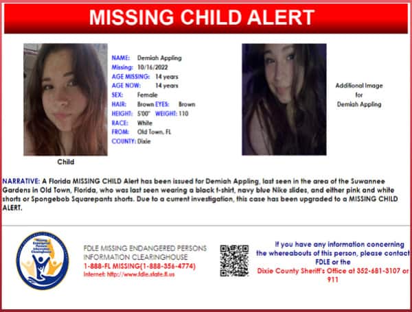 A Florida Missing Child Alert has been issued for Demiah Appling, a white female, 14 years old, 5 feet tall, 110 pounds, with brown hair, and brown eyes.