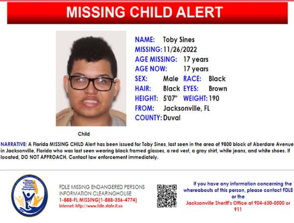 A Florida MISSING CHILD Alert has been issued for Toby Sines, a black male, 17 years old, 5 feet 7 inches tall, 190 pounds, with black hair, and brown eyes.