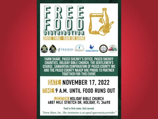 Pasco Sheriff’s Office is teaming up with Farm Share, Holiday Bible Church, the Gentlemen’s Course, the Samaritan Corporation of Pasco County, Inc., and the Pasco County NAACP for a free community food distribution! 