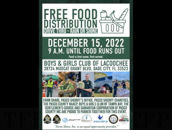 Pasco Sheriff’s Office is teaming up with Farm Share, the Pasco County NAACP, Boys & Girls Club of Tampa Bay, the Gentlemen’s Course, and the Samaritan Corporation of Pasco County, Inc. for a free community food distribution! 
