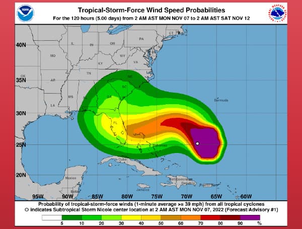 A hurricane watch was issued Monday for a large stretch of the East Coast of Florida, as Subtropical Storm Nicole posed a late-season threat to the state. 