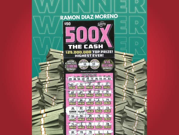 The Florida Lottery announces that Ramon Diaz Moreno, 52, of Tampa, claimed a $1 million prize from the 500X THE CASH Scratch-Off game at the Lottery's Tampa District Office.