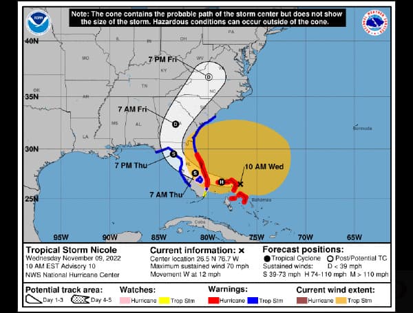 With Tropical Storm Nicole expected to strengthen to a hurricane before hitting the state’s East Coast, President Joe Biden approved an emergency declaration as Florida officials Wednesday urged residents to be prepared.