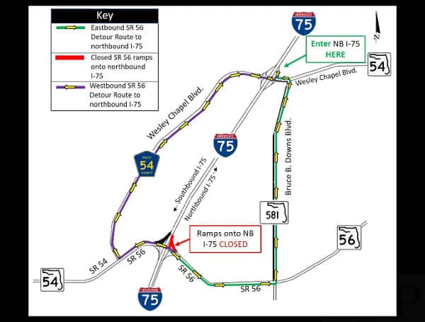 The SR 56 entrance ramp onto northbound I-75 may be closed between 10 p.m. Tuesday, November 8, and 5 a.m. Wednesday, November 9, weather permitting.