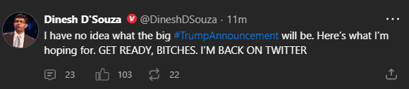 Dinesh D'Souza said on Gettr, "I have no idea what the big #TrumpAnnouncement will be. Here's what I'm hoping for. GET READY,BITCHES.  I'M BACK ON TWITTER"