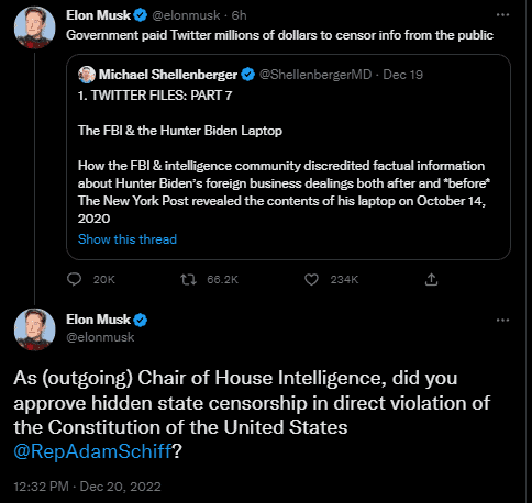 Elon Musk called out Democratic Rep. Adam Schiff of California Tuesday, asking if he approved “hidden state censorship” while chairing the House Intelligence Committee following the Part 7 release of the Twitter files.