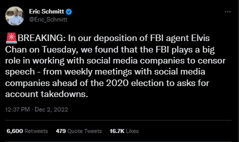 The Federal Bureau of Investigation (FBI) met weekly with large social media platforms to collaborate on moderating content, according to a deposition this week from FBI Supervisory Special Agent Elvis Chan.