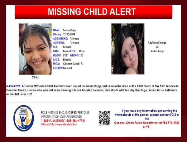 A Florida MISSING CHILD Alert has been issued for Sarina Ropp, a biracial female, 15-years old.