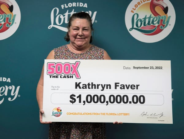 Today, the Florida Lottery announced that Kathryn Faver, 58, of Santa Rosa Beach, claimed a $1 million prize from the 500X THE CASH Scratch-Off game at Lottery Headquarters in Tallahassee. 