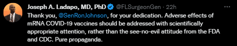 Florida Surgeon General Dr. Joseph Ladapo continues to call out Big Pharma for its dubious COVID-19 vaccines, as the public learns more and more that Twitter censored those who challenged the Faucistas.