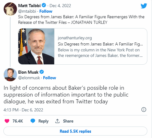 Elon Musk announced Tuesday that former FBI lawyer James Baker, who was Twitter’s deputy general counsel, had been “exited” from the company for allegedly holding up the release of documents pertaining to the platform’s handling of the Hunter Biden laptop report.