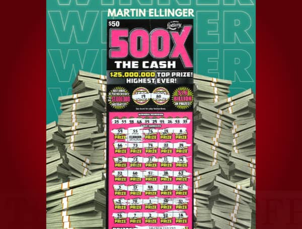 The Florida Lottery announced that Martin Ellinger, 47, of Holiday, claimed a $1 million prize from the 500X THE CASH Scratch-Off game at Lottery Headquarters in Tallahassee. 