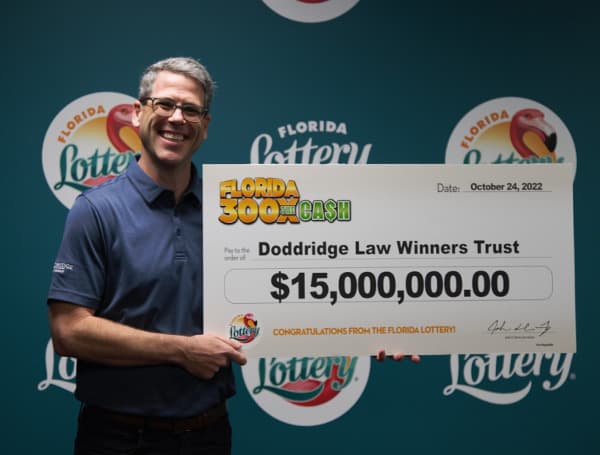 Today, the Florida Lottery announced that Ryan Doddridge, 42, of New Port Richey, trustee of the Doddridge Law Winners Revocable Trust, claimed a $15 million prize from the 300X THE CASH Scratch-Off game at Lottery Headquarters in Tallahassee. 