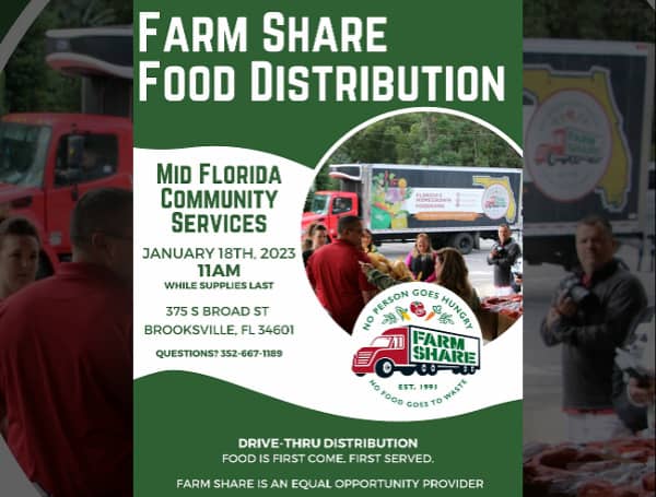 In partnership with FarmShare, Mid Florida Community Services, Inc., the next food distribution will take place on Wednesday, January 18, in Brooksville. 