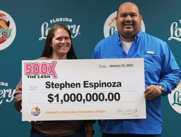 Today, the Florida Lottery announced that Stephen Munoz Espinoza, 43, of Delray Beach, claimed a $1 million prize from the 500X THE CASH Scratch-Off game at Lottery Headquarters in Tallahassee.