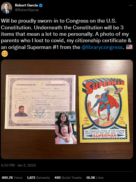 Underneath the Constitution will be 3 items that mean a lot to me personally. A photo of my parents who I lost to covid, my citizenship certificate & an original Superman #1 from the